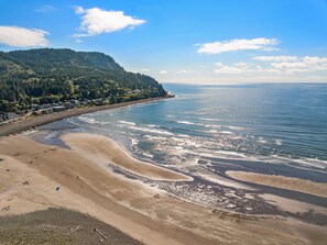 On the beach, sun-loungers