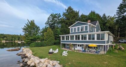 Light-filled lakefront home for up to 15 with private beach and dock near Acadia