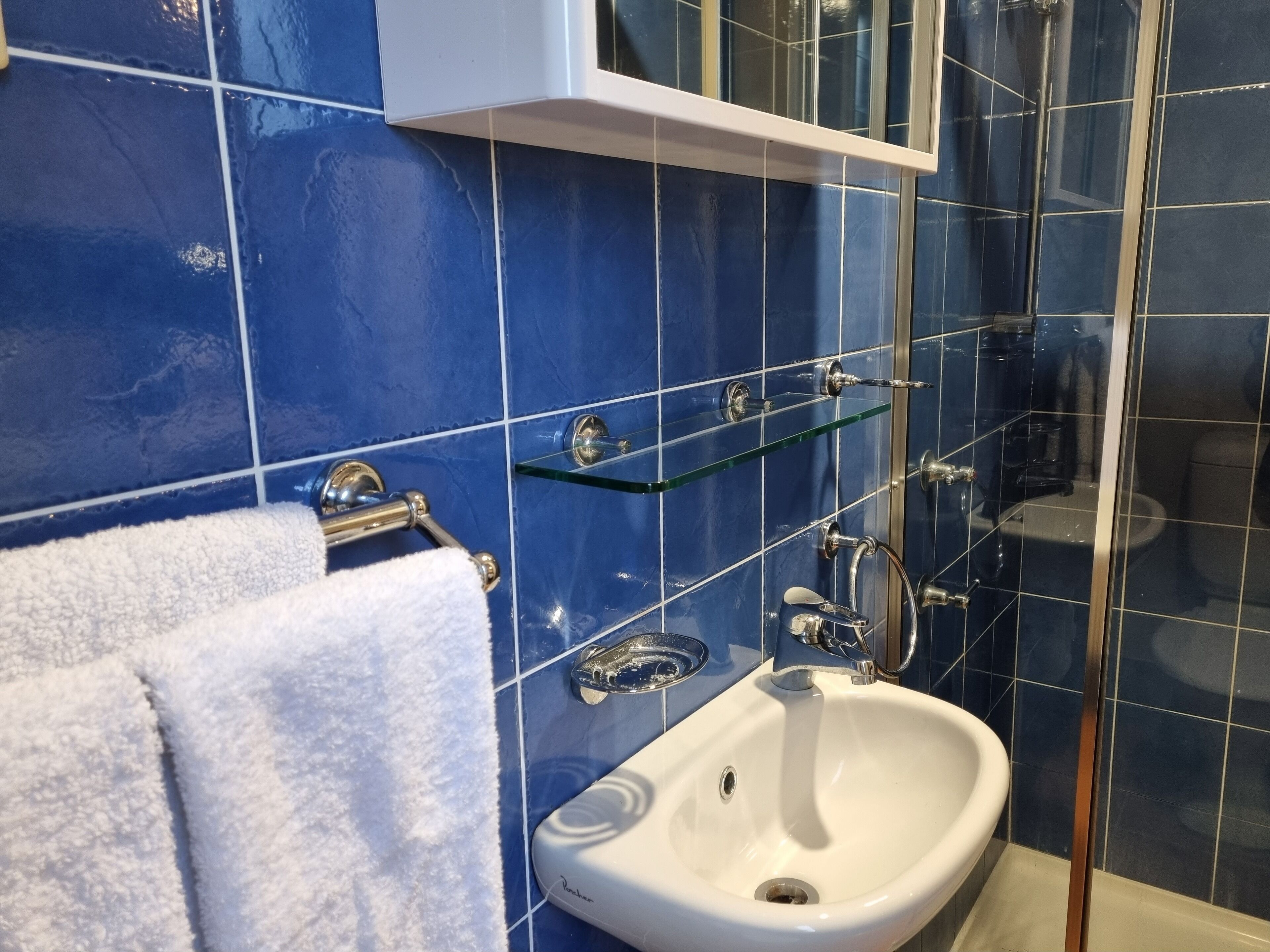 Shower, free toiletries, hair dryer, towels
