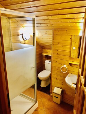 A wooden cabin bathroom with a glass shower enclosure, a toilet, and a sink.
