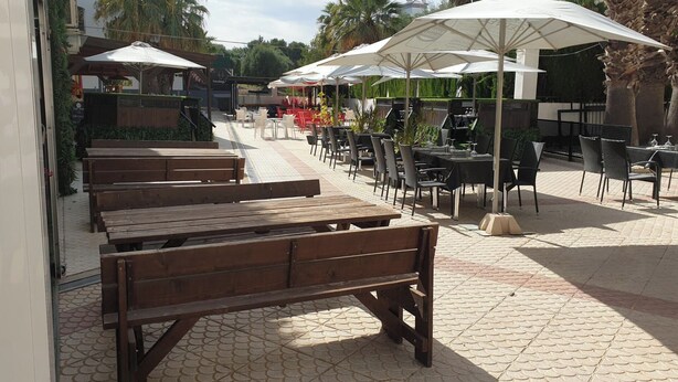 Um café ao ar livre com bancos e mesas de madeira, guarda-sóis brancos e palmeiras ao fundo.
