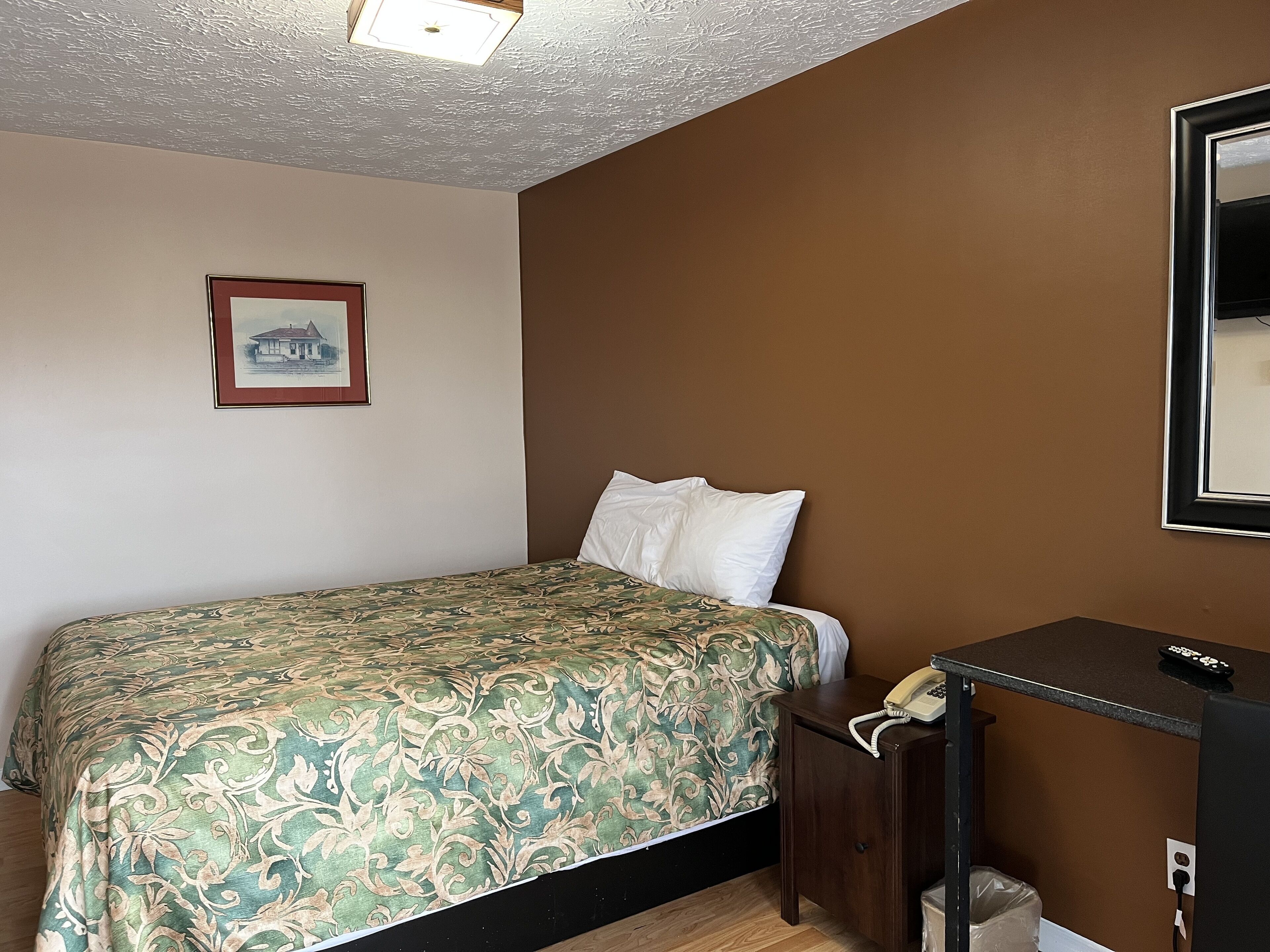 Una habitación de hotel con una cama, una mesita de noche con un teléfono, un cuadro enmarcado en la pared y una pared de acento marrón.