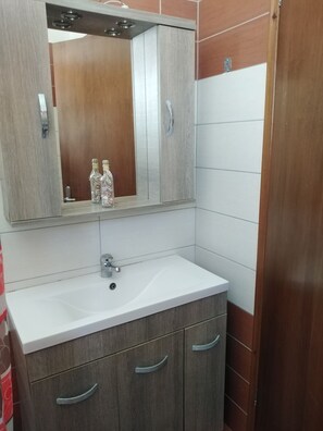 Douche, séchoir à cheveux, serviettes fournies, savon