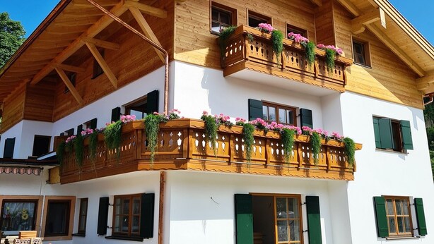 A two-story building with wooden balconies adorned with flowers, green shutters, and a sloped roof. - Vacation apartment Steinröschen 30 sqm, 1 separate bedroom (Reit im Winkl)