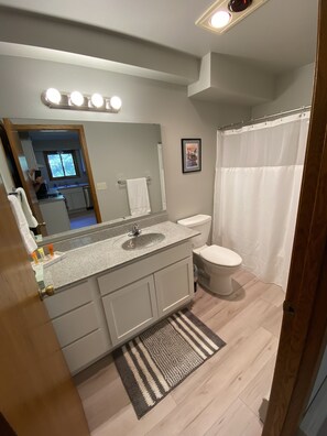 Combined shower/tub, towels, soap, toilet paper