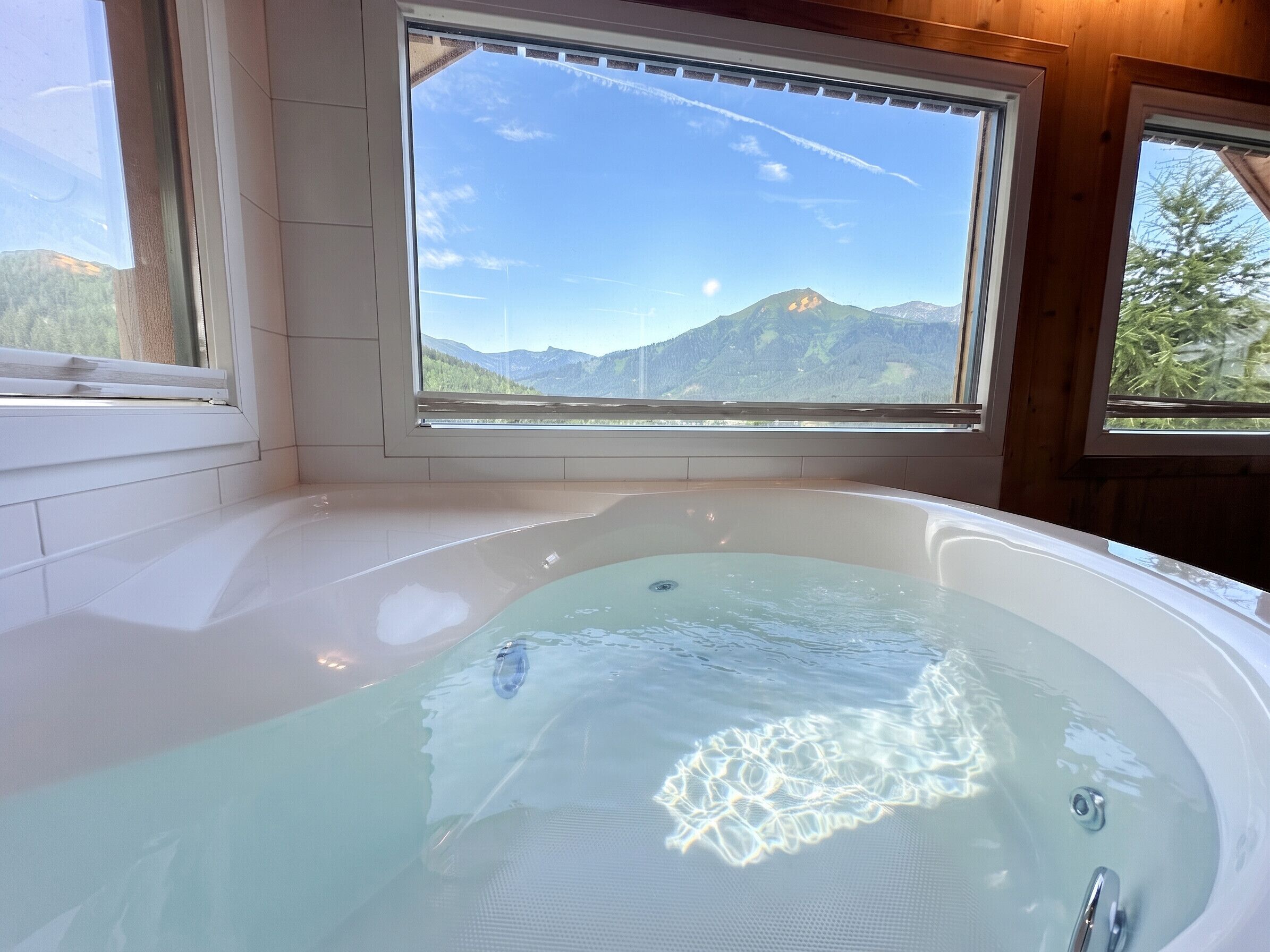 Une salle de bain avec une baignoire, une grande fenêtre et une vue sur les montagnes.