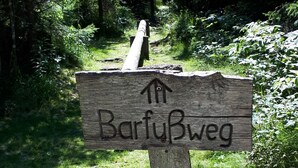 Un segnale direzionale in legno con l'iscrizione 'BarfüBweg' e una freccia che indica verso l'alto.