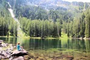 A person sitting on a rock by a clear lake surrounded by dense forest and mountains.