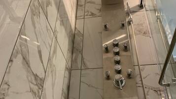 Shower, towels, soap, shampoo