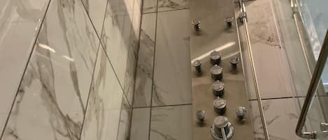 Shower, towels, soap, shampoo