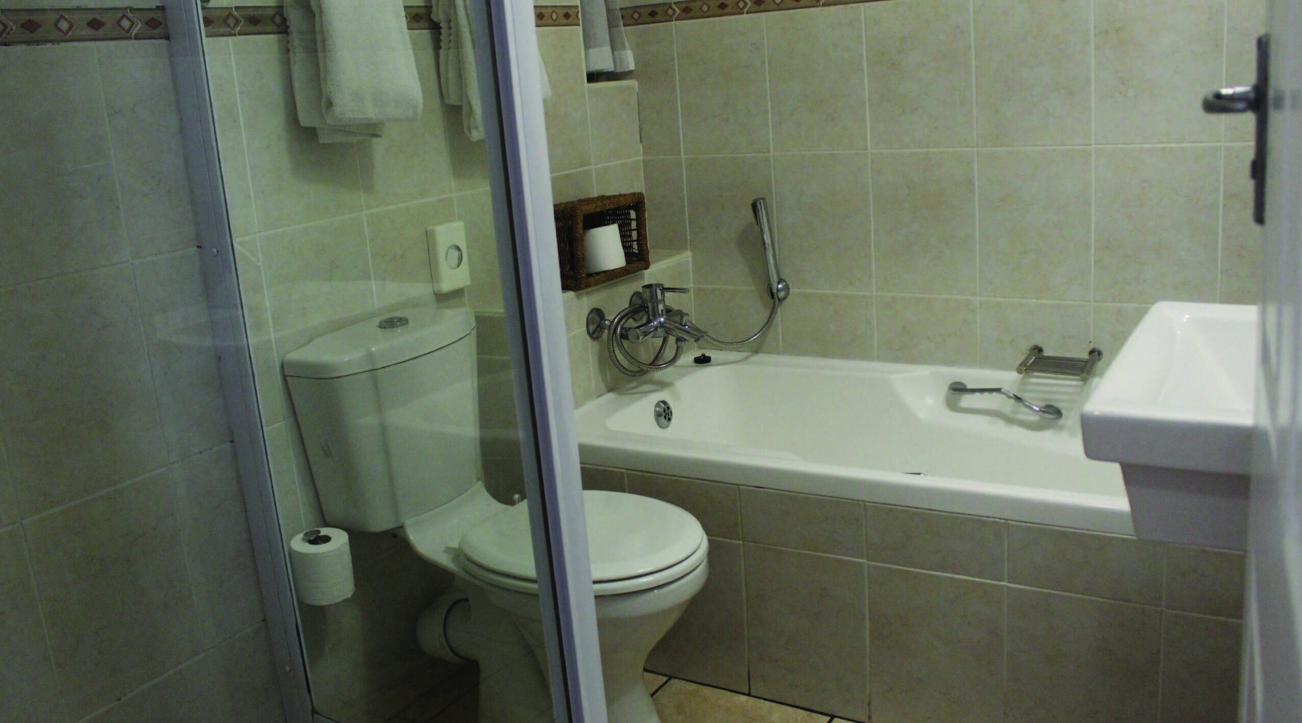 A bathroom with a toilet, a shower, and a sink.