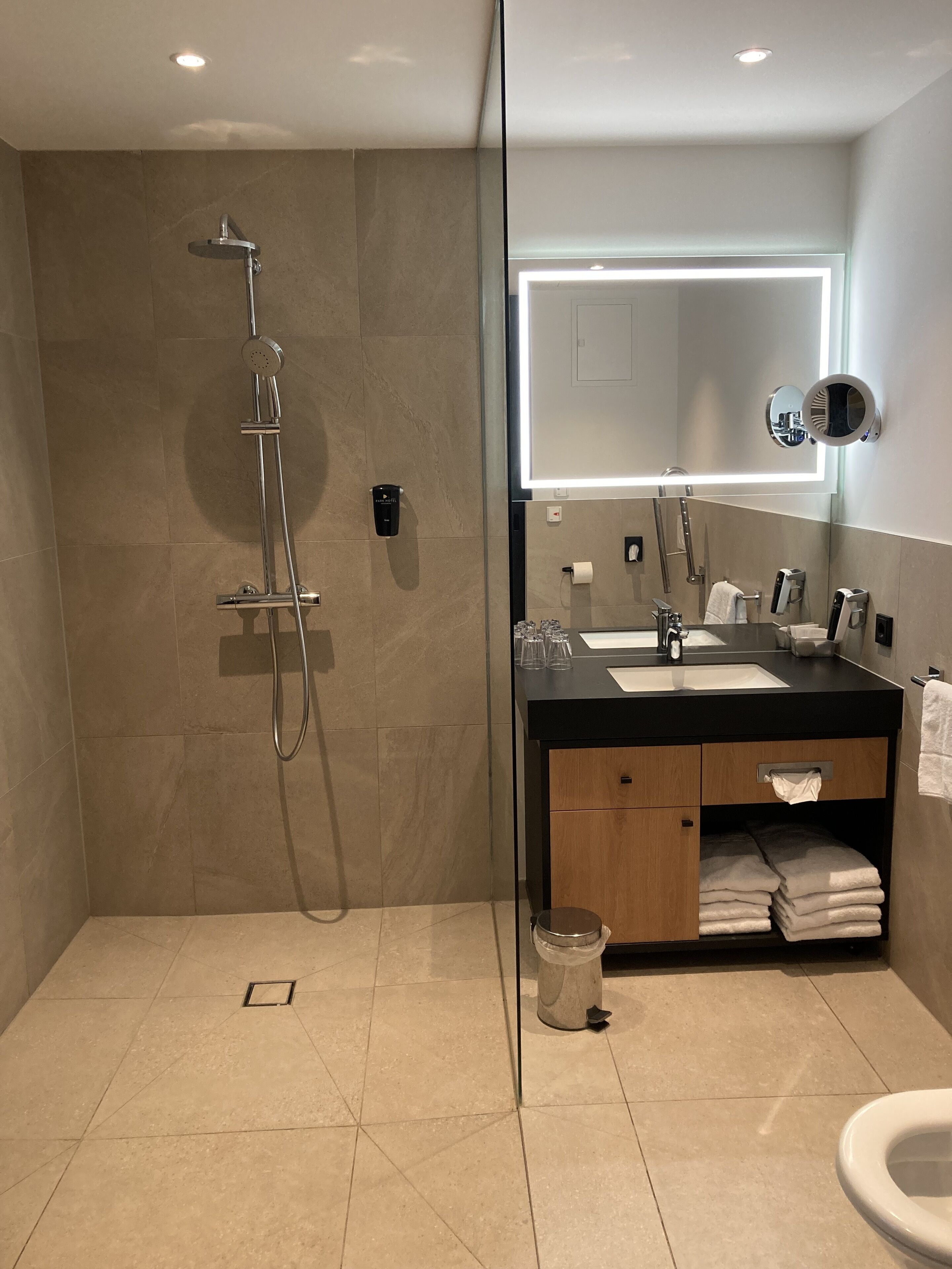A modern bathroom with a shower, a sink, and a toilet.