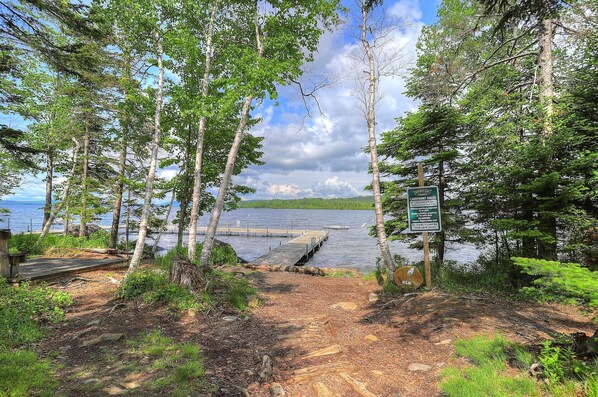 A forested area with a wooden dock extending into a lake, surrounded by birch trees and a sign indicating lakefront rules.