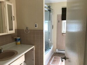 Ensemble baignoire-douche, séchoir à cheveux, savon, shampooing