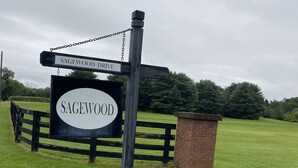 Un panneau indicateur en bois portant les inscriptions « SAGEWOOD DRIVE » et « SAGEWOOD », placé dans un paysage rural avec un champ herbeux et des arbres en arrière-plan.