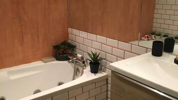 Douche, baignoire à jets, sèche-cheveux, serviettes fournies