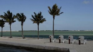 Blick auf einen Strand mit Palmen und weißen Liegestühlen entlang der Küste.
