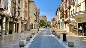 A cobblestone street lined with traditional European buildings, featuring shops and cafes. - Charmant Zola (Troyes)