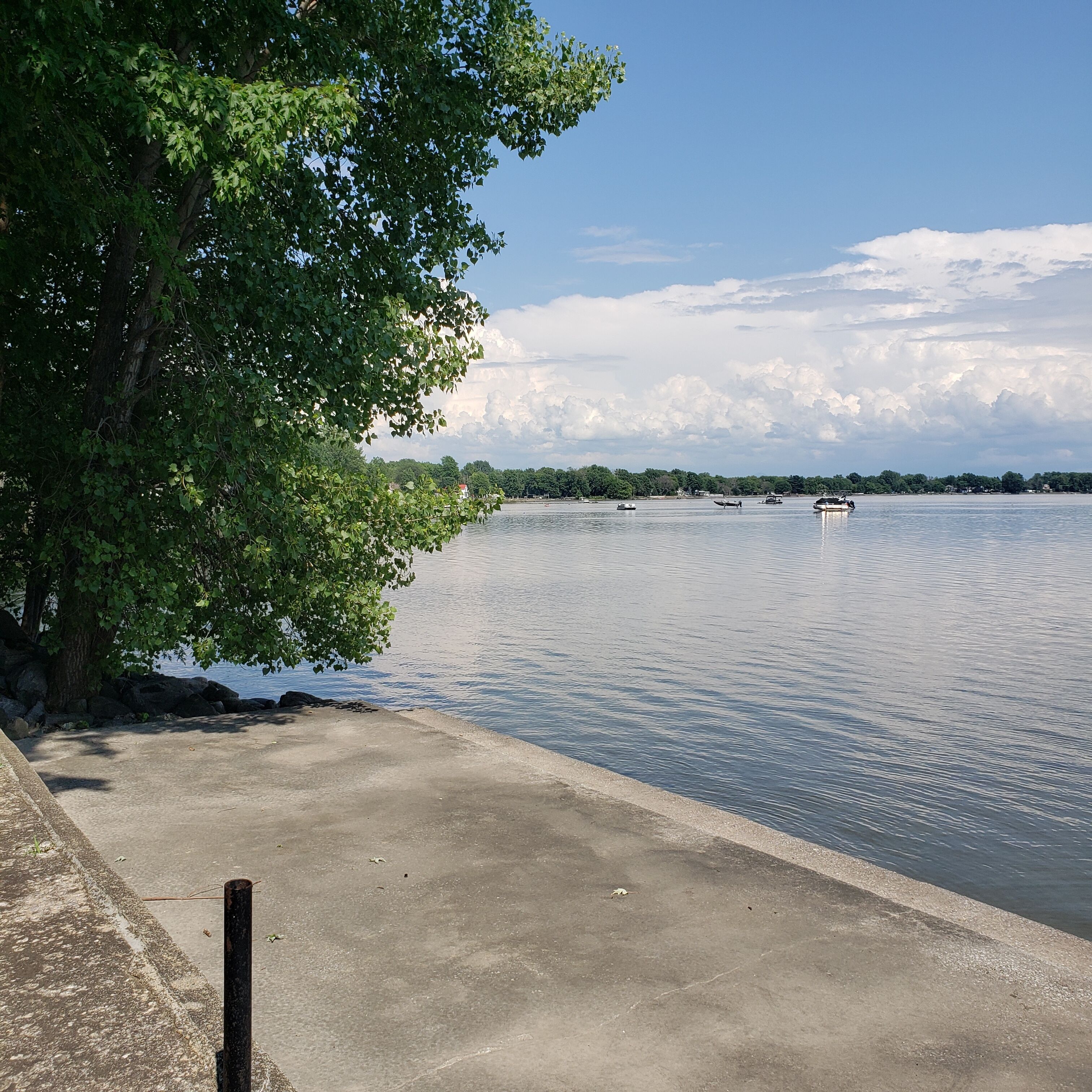 A waterfront view with a concrete walkway, calm water, and boats in the distance.