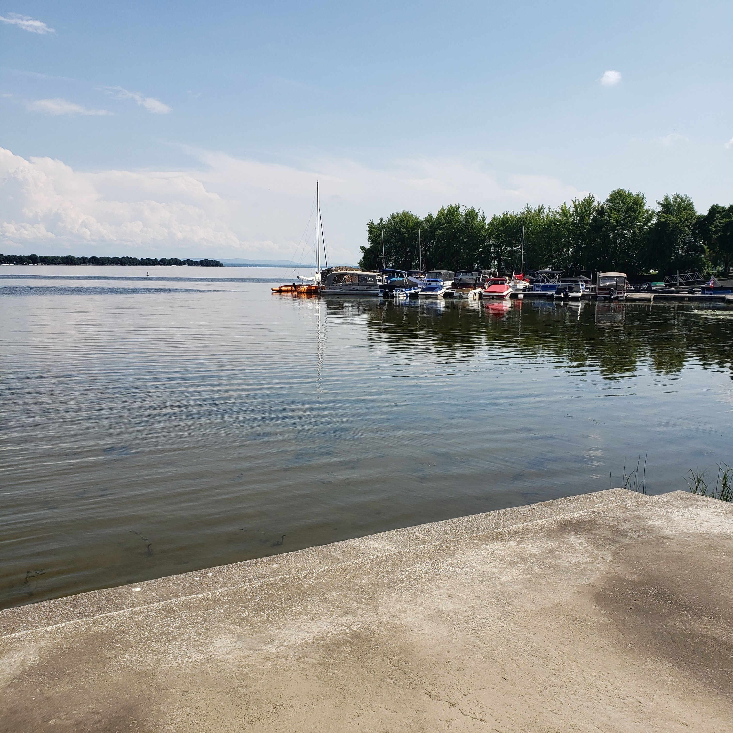 A calm lake with boats docked along the shore, surrounded by trees and a clear sky.