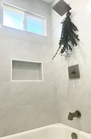 Combined shower/bathtub, soap, toilet paper
