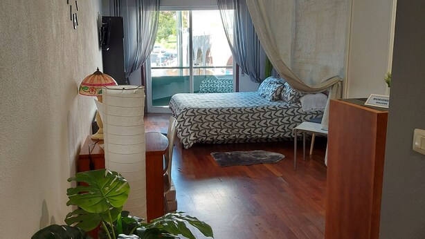 A bedroom with a bed, a desk, a chair, a large plant, and a view of the outdoors.