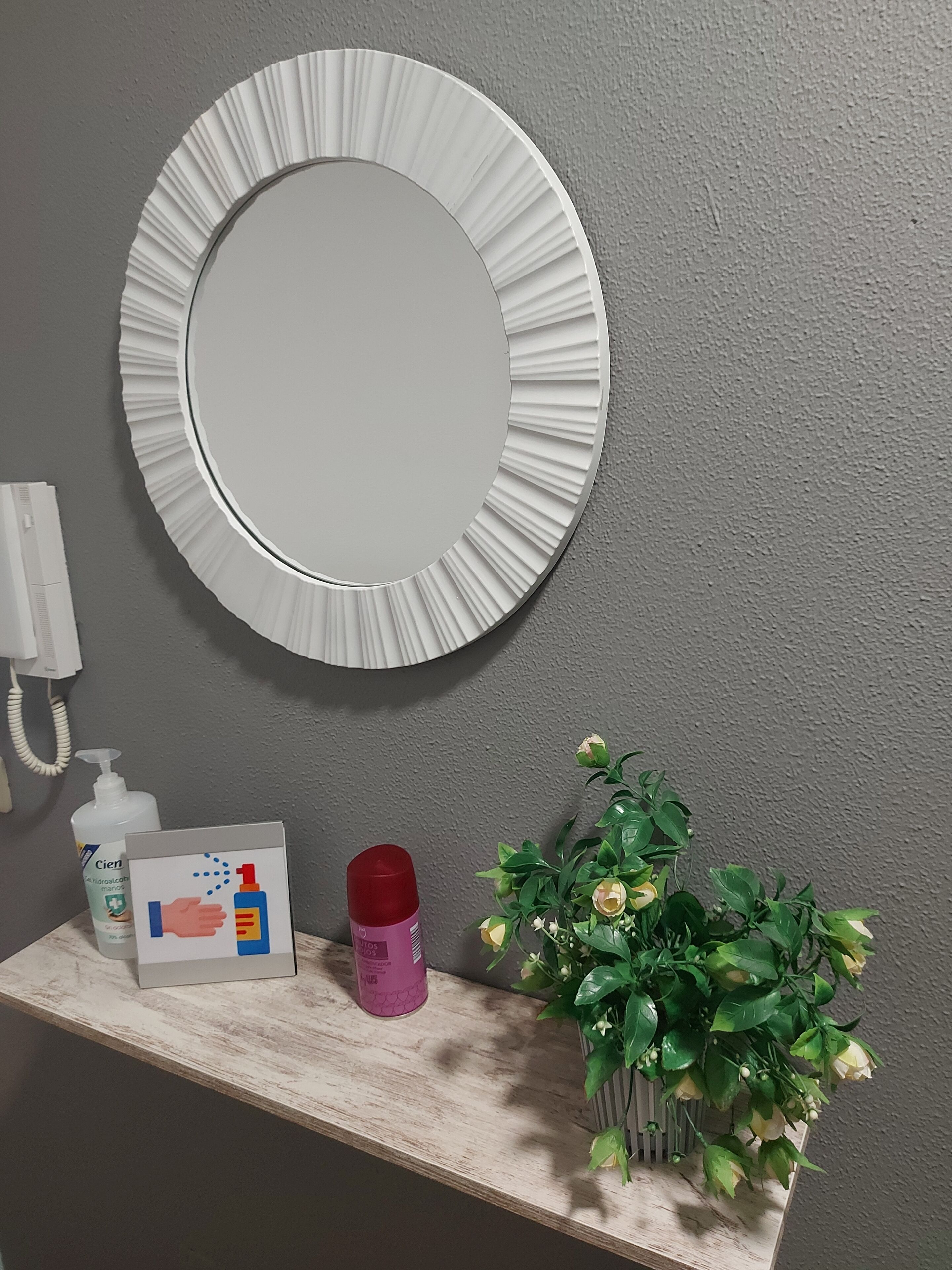 Een badkamer met een ronde spiegel, een handdesinfecteerder, een rode fles, een zakdoekendoos en een potplant.