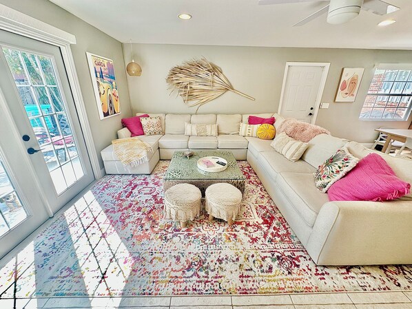 Smart TV, books, music library, stereo