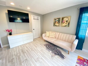 Smart TV, books, music library, stereo