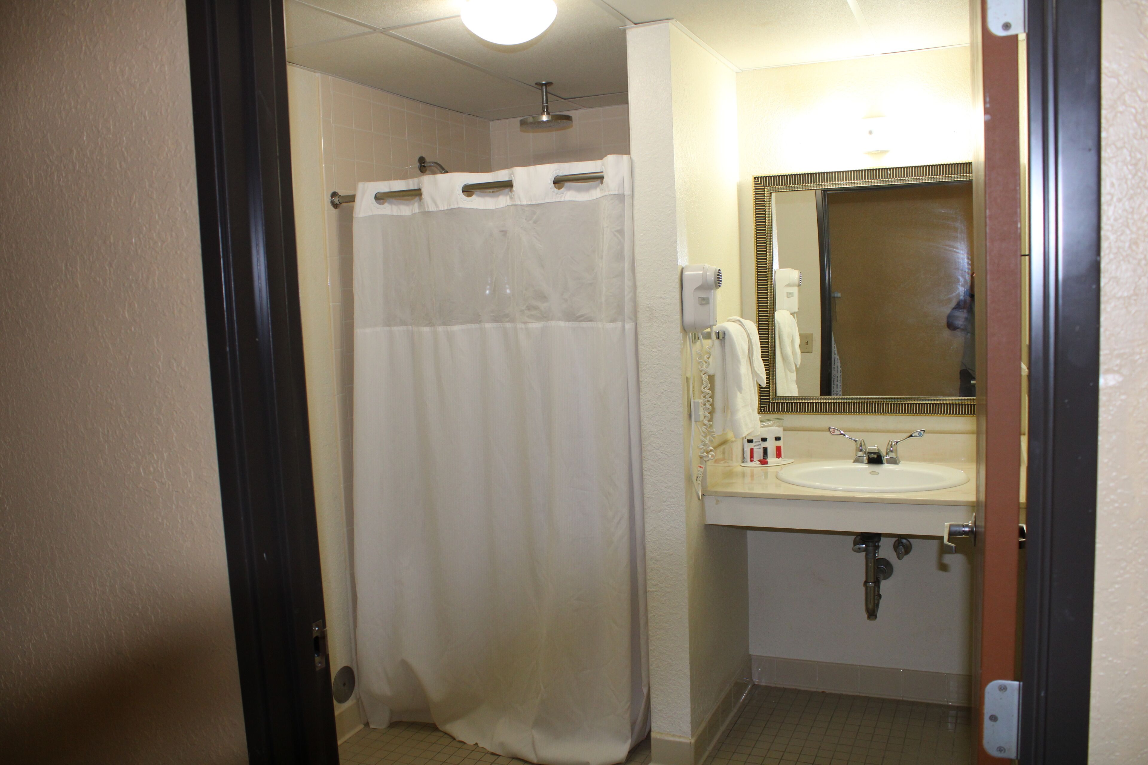 A bathroom with a shower curtain, a sink, and a mirror.