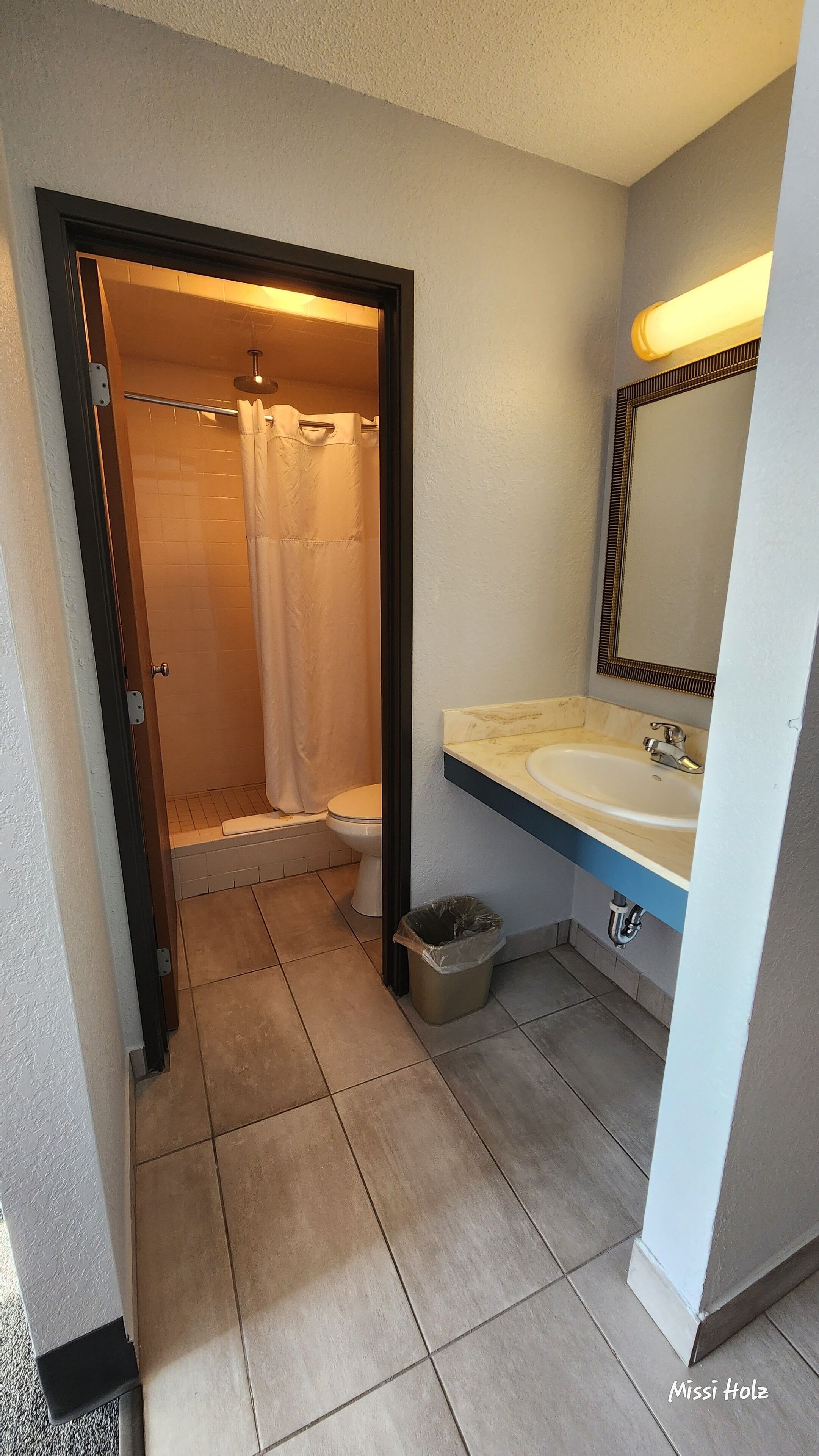 Un baño con ducha, inodoro, lavabo y espejo.