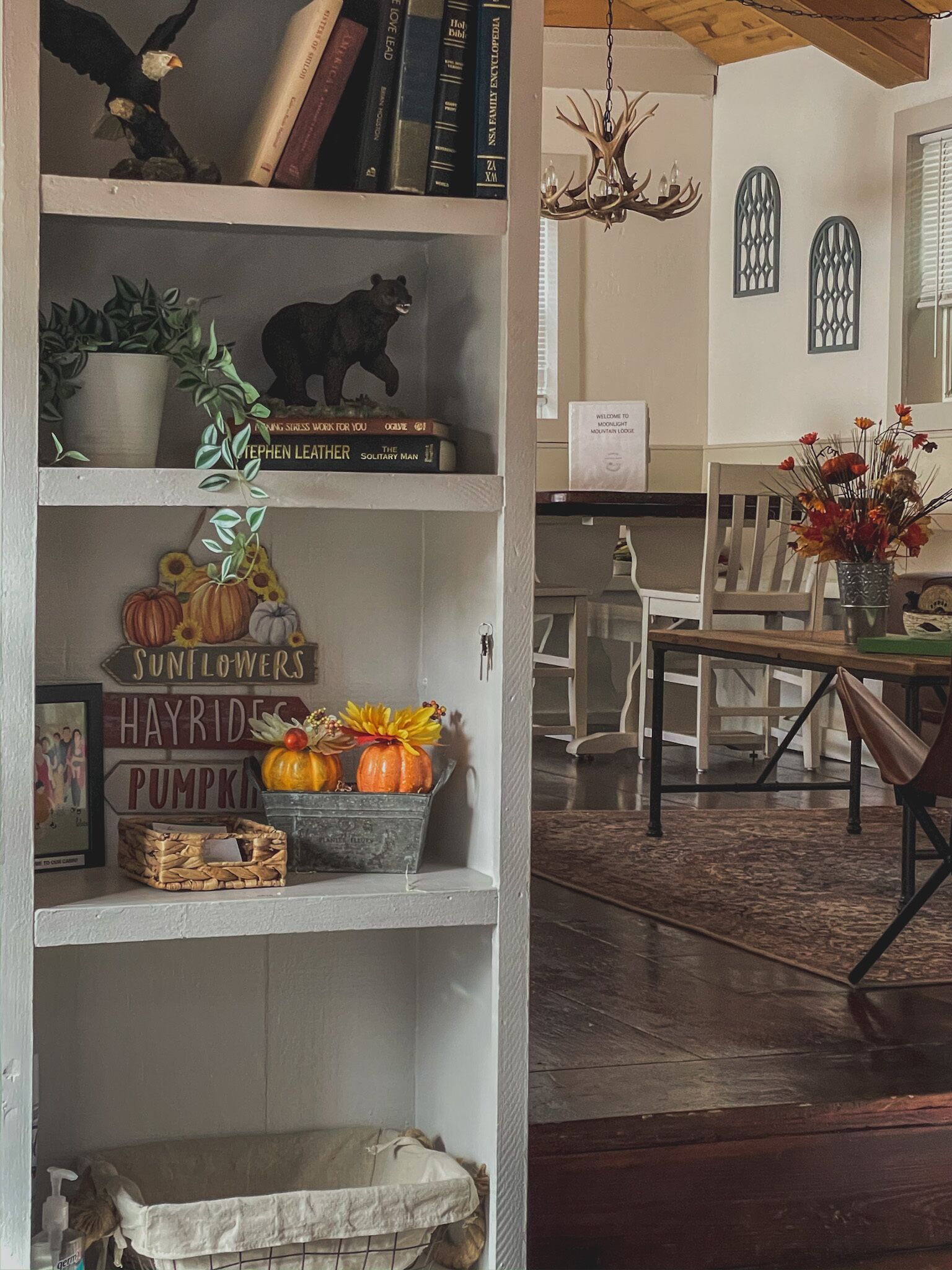 Un salon chaleureux avec une bibliothèque, un coin repas comprenant une table et des chaises, et un lustre.