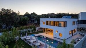 Une maison moderne dotée d’une piscine, d’un espace salon extérieur et offrant une vue sur la forêt environnante.