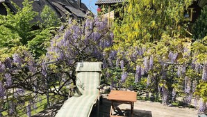 En træterrasse med en liggestol og et lille bord, omgivet af frodig vegetation og lilla wisteria-blomster.