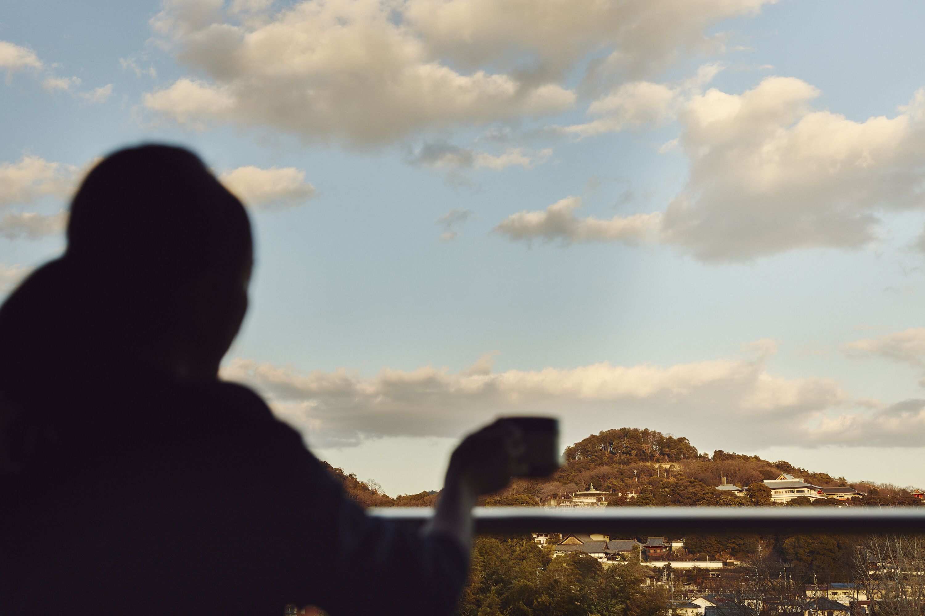 Silueta de una persona fotografiando un paisaje con edificios y árboles.