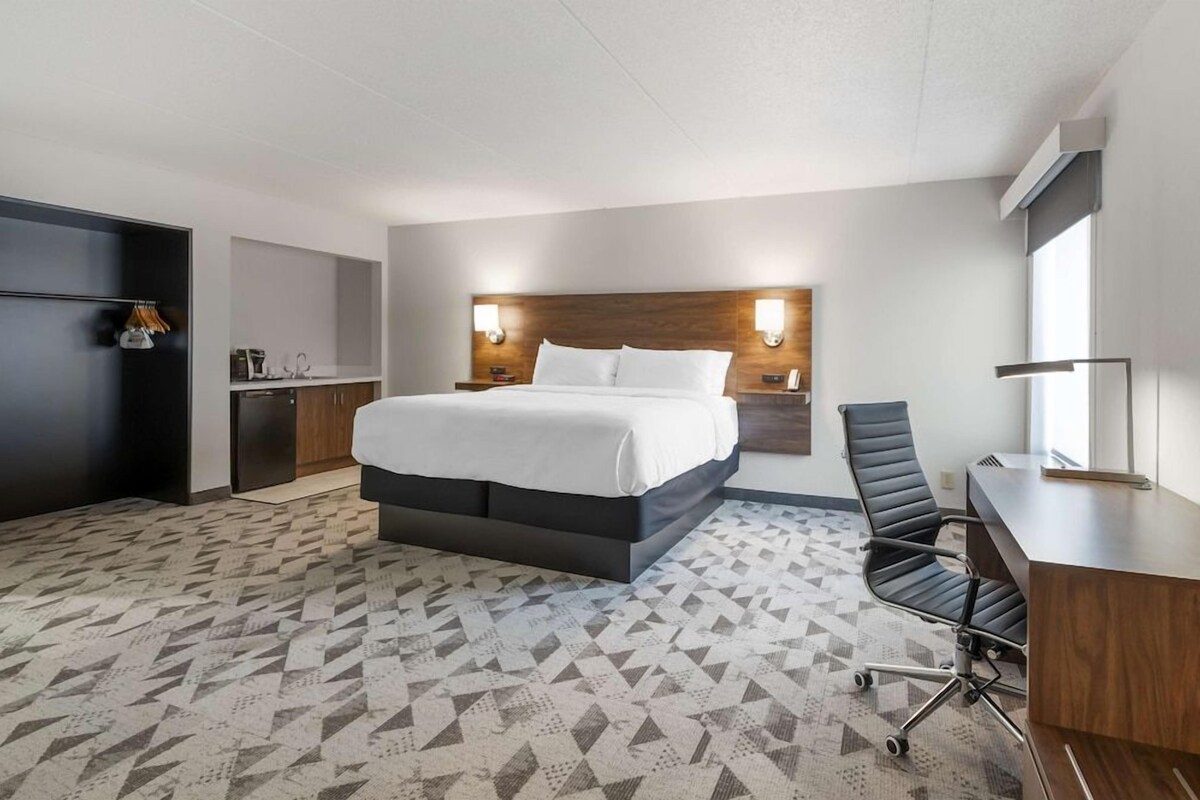 A hotel room with a bed, desk, chair, and a patterned carpet.