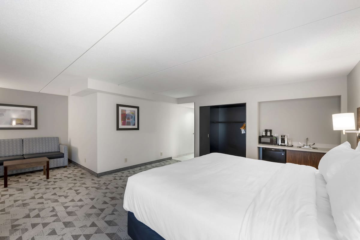 Une chambre d’hôtel comprenant un lit, un canapé, une banquette, une kitchenette et une salle de bain.