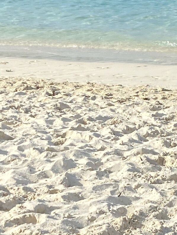 Walk along the serene beach with footprints and small rocks scattered across the sand.