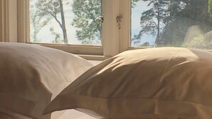 A bed with pillows and a window with a view of trees and a body of water. - Fredriksborg Hotel (Värmdö)
