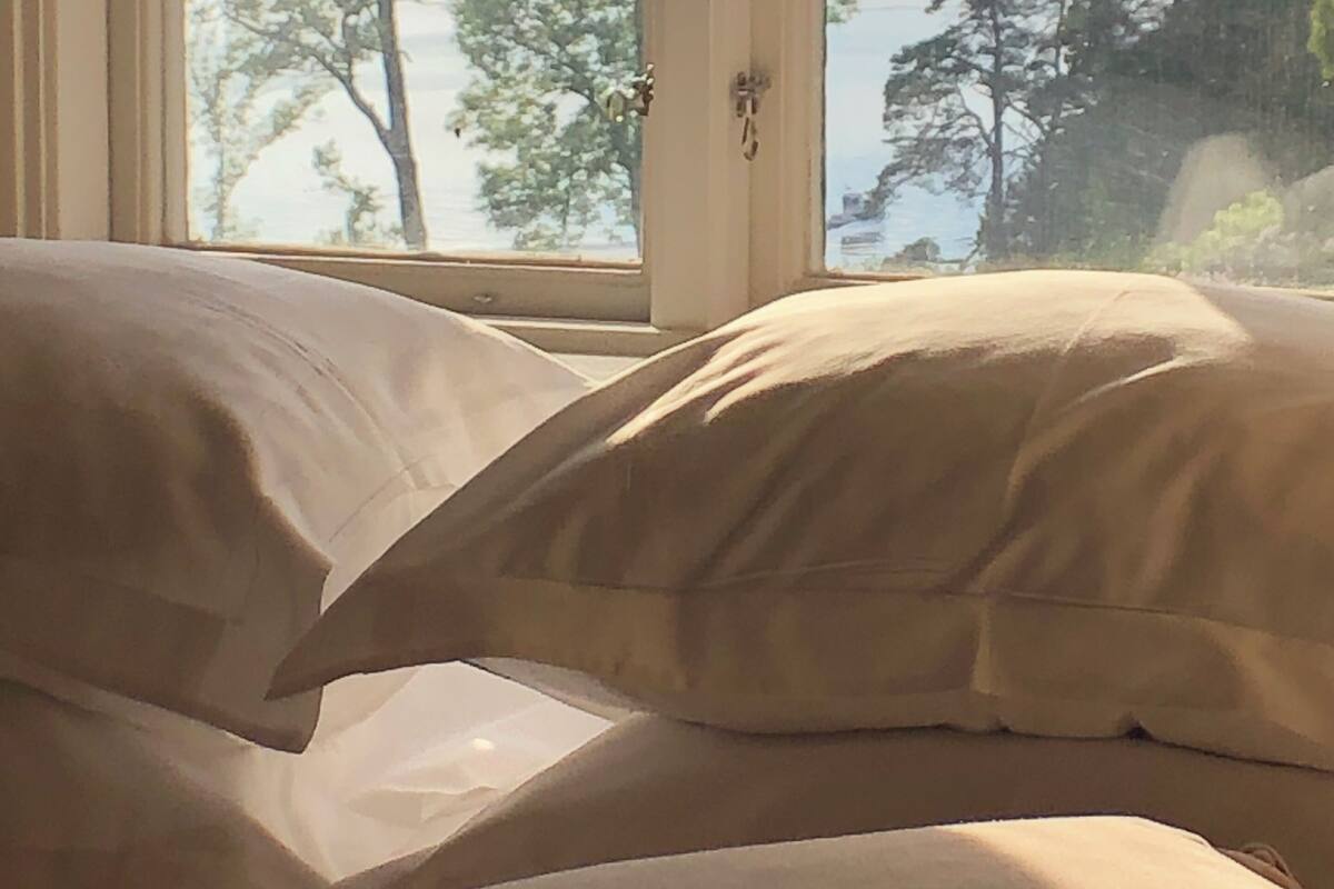 A bed with pillows and a window with a view of trees and a body of water.