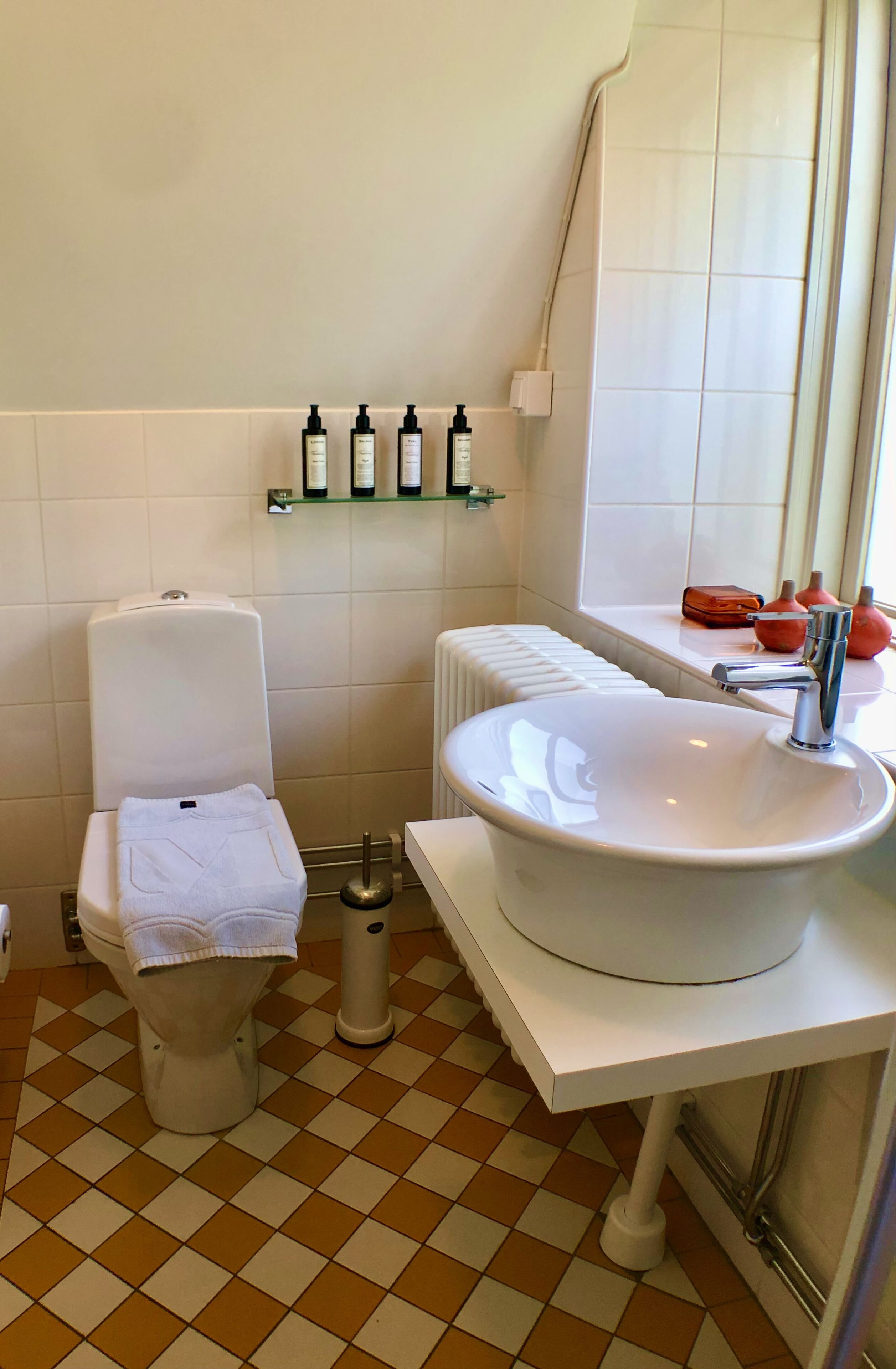 Une salle de bain équipée de toilettes, d’un lavabo, d’un radiateur et d’une étagère contenant des articles de toilette.