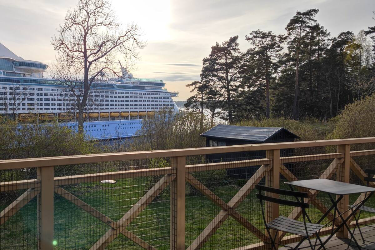 A large cruise ship docked near a forested area with a wooden deck and seating.