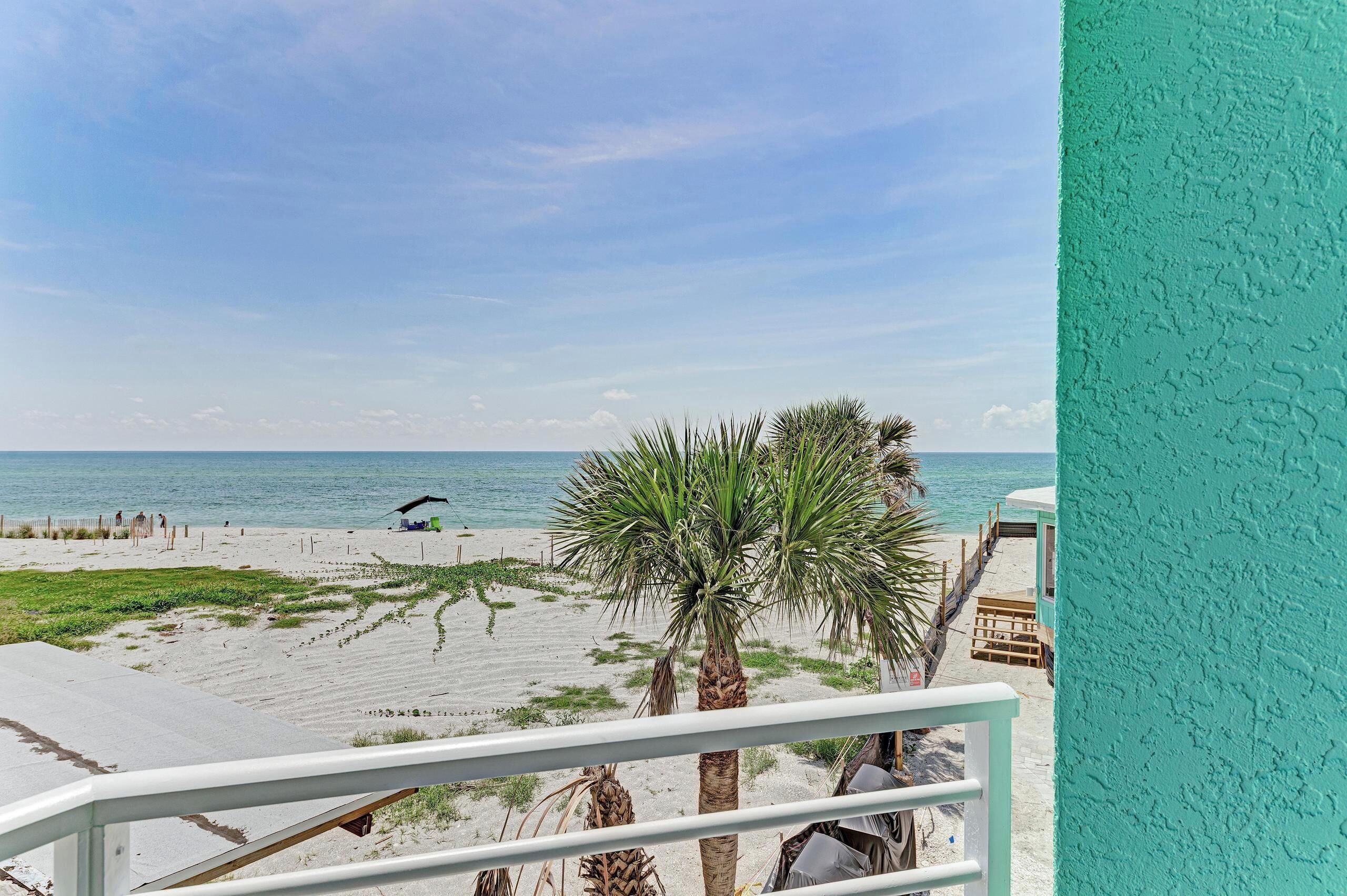 A beach view with a palm tree, a wooden deck, and a turquoise wall.