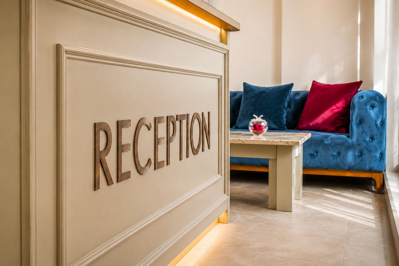 A reception area with a sign that reads 'RECEPTION' mounted on a wall.