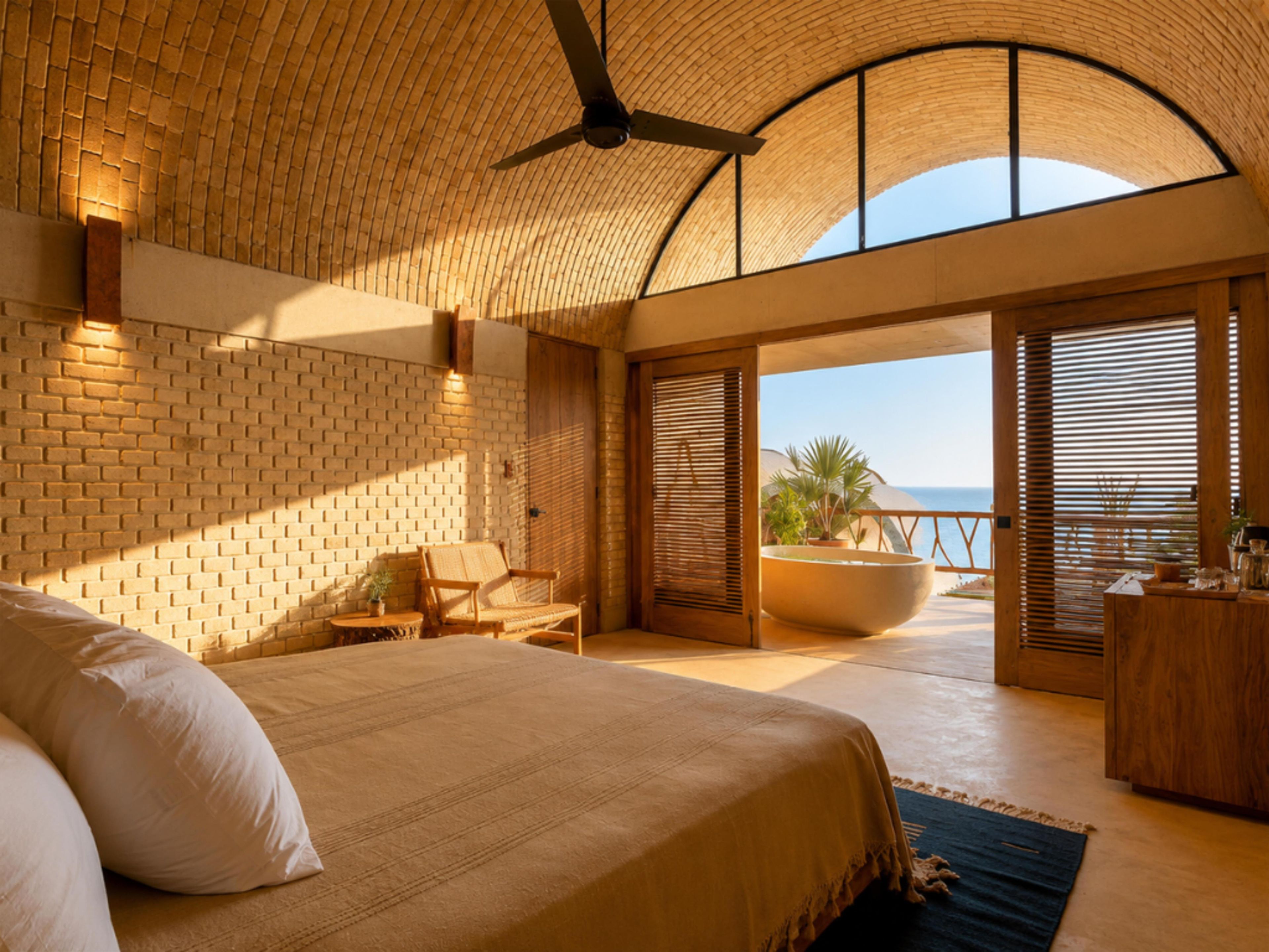 A bedroom with a large bed, a ceiling fan, a view of the sea, and a balcony with a view of palm trees.