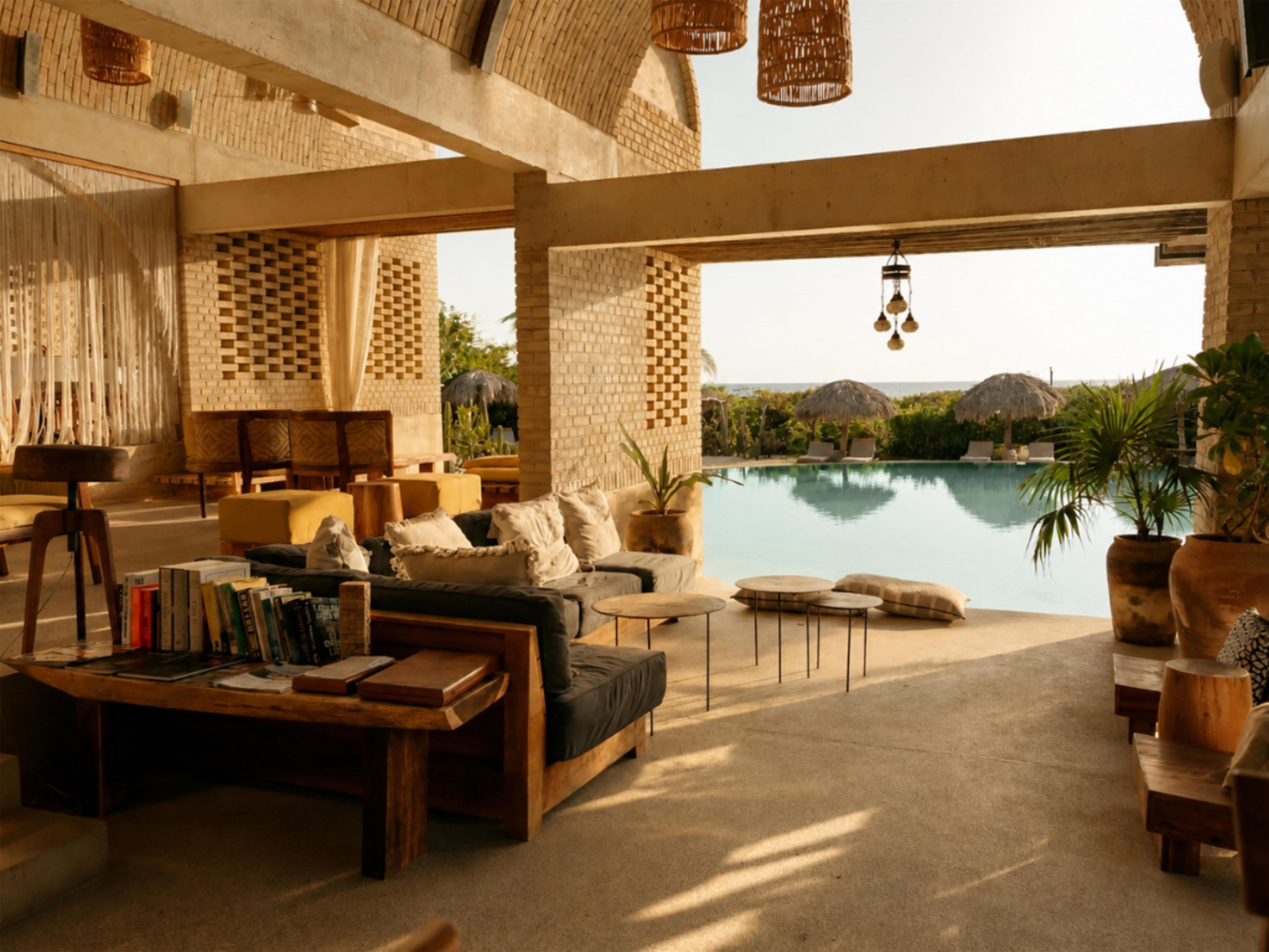 Amplia sala de estar con vista a la piscina, que incluye un sofá, una mesa de centro y material de lectura.