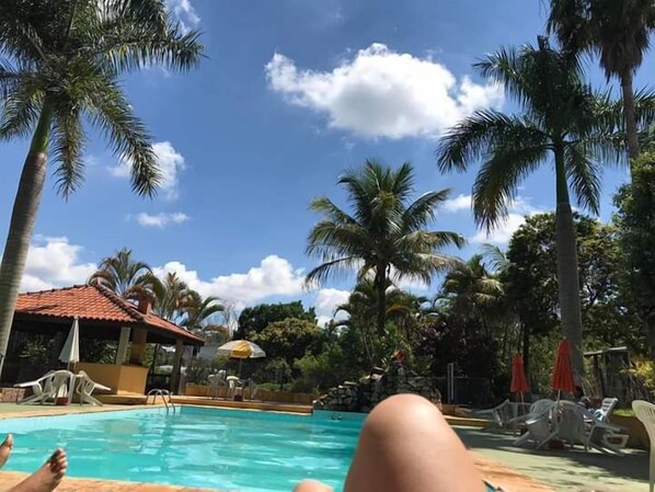 Outdoor pool, pool umbrellas, pool loungers