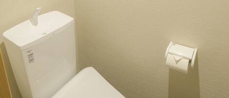 A modern bathroom with a toilet, a hand dryer, and a paper towel dispenser.