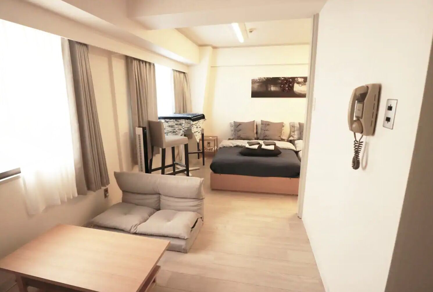 1 bedroom, desk, iron/ironing board, bed sheets