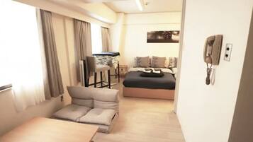 1 bedroom, desk, iron/ironing board, bed sheets